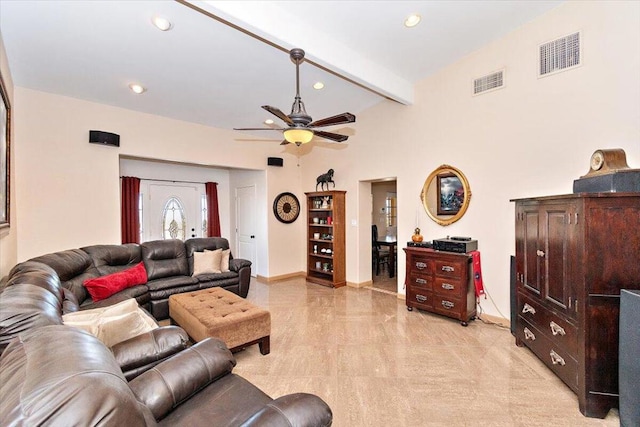 living room with vaulted ceiling with beams and ceiling fan