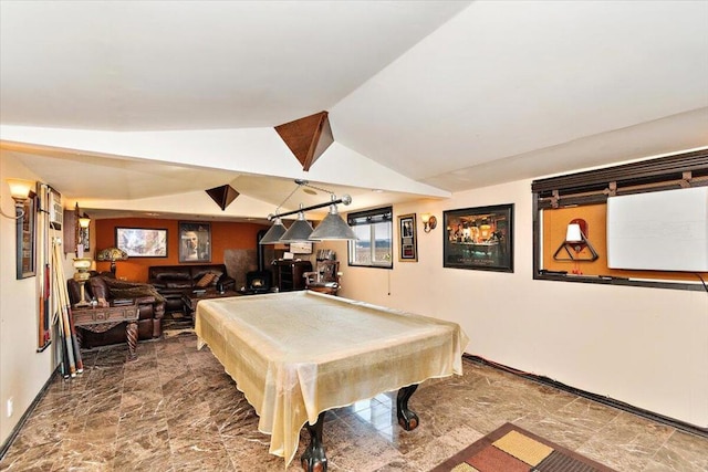 playroom with lofted ceiling and pool table