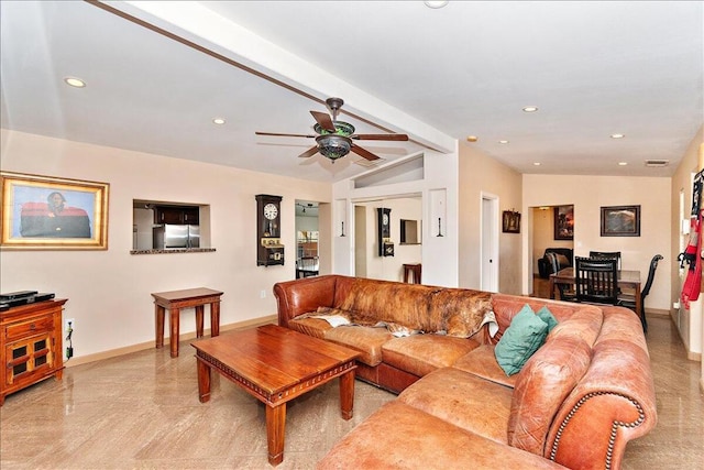 living room with vaulted ceiling with beams and ceiling fan