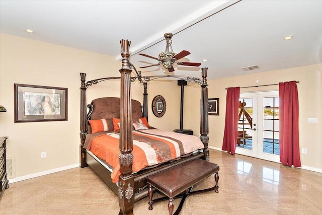 bedroom featuring french doors, access to exterior, and ceiling fan