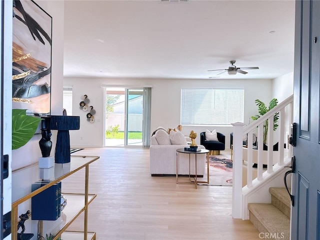 living room featuring ceiling fan and light hardwood / wood-style flooring