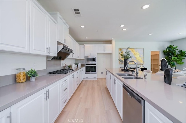 kitchen featuring sink, stainless steel appliances, light hardwood / wood-style floors, and white cabinets