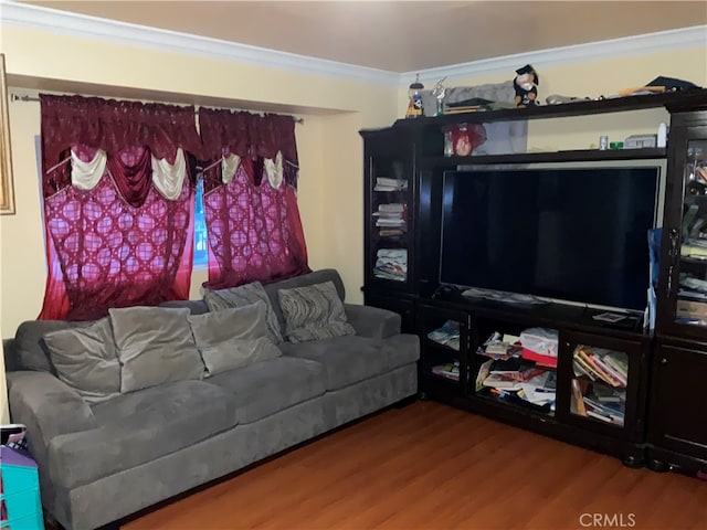 living room with crown molding and wood-type flooring