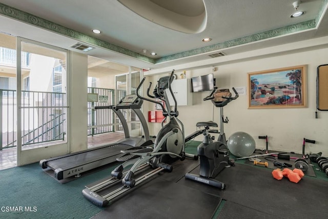 workout area with a raised ceiling