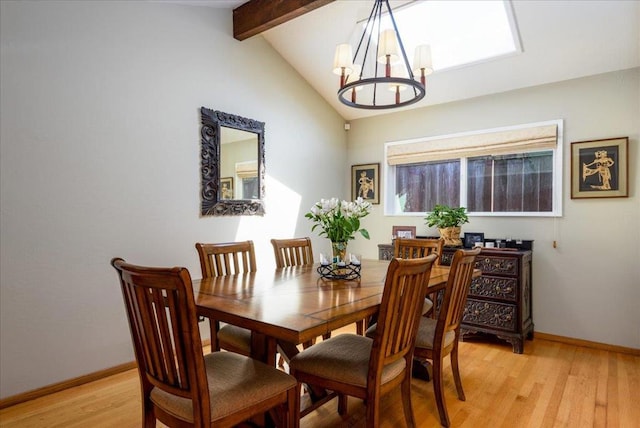 dining room featuring an inviting chandelier, vaulted ceiling with beams, and light wood-type flooring