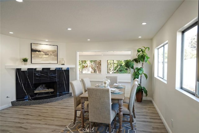 dining room with a fireplace, plenty of natural light, and hardwood / wood-style floors