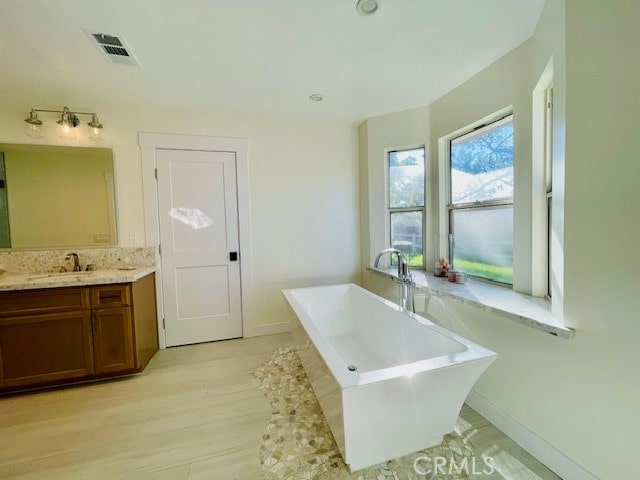 bathroom with a bath, hardwood / wood-style flooring, and vanity