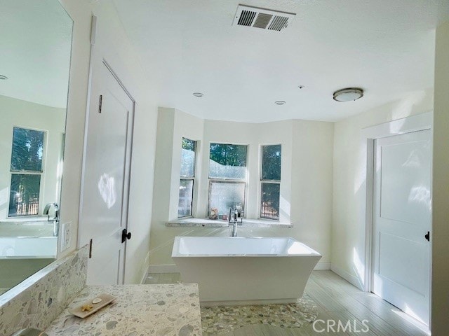 bathroom with hardwood / wood-style flooring and a bathtub