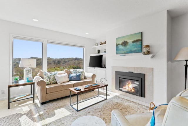 living room featuring light tile patterned floors