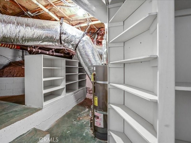 unfinished basement featuring gas water heater