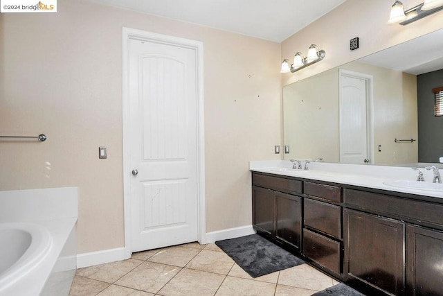 bathroom with vanity, tile patterned flooring, and a washtub