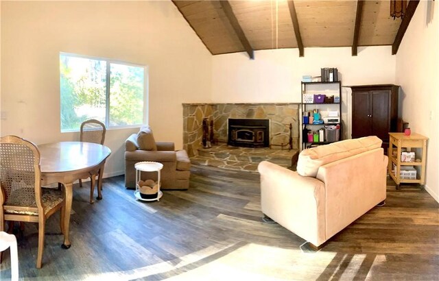 living room with high vaulted ceiling, a wood stove, wooden ceiling, dark hardwood / wood-style floors, and beam ceiling