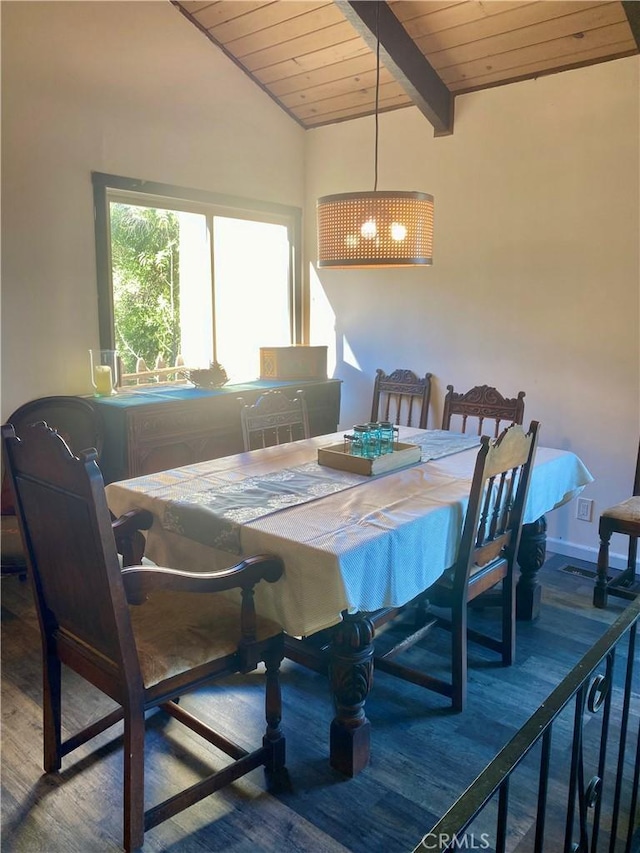 dining area featuring wood ceiling, lofted ceiling with beams, and hardwood / wood-style floors