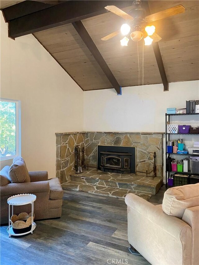 living room featuring hardwood / wood-style flooring, wood ceiling, and vaulted ceiling with beams