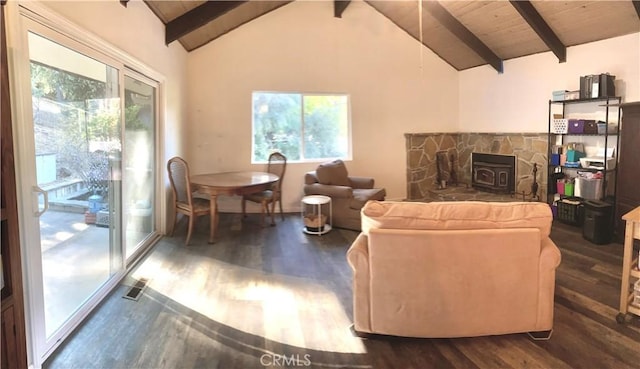 living room featuring wood ceiling, dark wood-type flooring, lofted ceiling with beams, and a wood stove