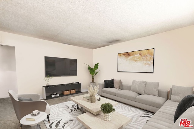 carpeted living room with a textured ceiling