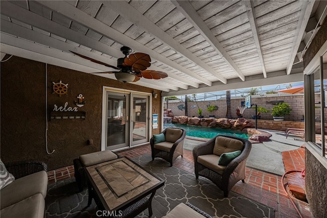 view of patio / terrace with outdoor lounge area, french doors, a fenced in pool, and ceiling fan