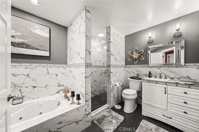 full bathroom featuring vanity, plus walk in shower, tile walls, and toilet