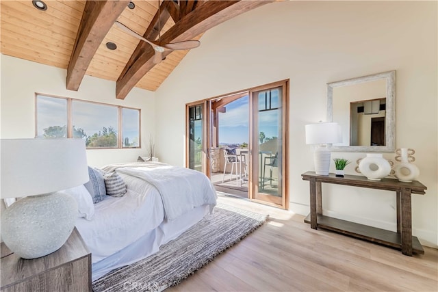 bedroom with light hardwood / wood-style floors, multiple windows, access to exterior, and wood ceiling