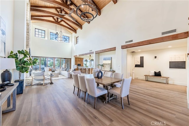 dining room with high vaulted ceiling, beamed ceiling, wooden ceiling, a notable chandelier, and hardwood / wood-style flooring