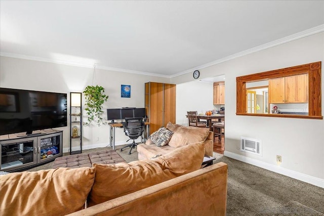 carpeted living room featuring ornamental molding