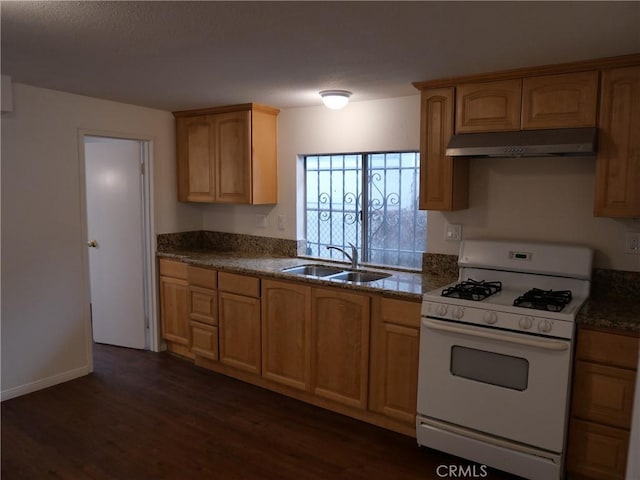 kitchen with light brown cabinetry, dark wood-type flooring, gas range gas stove, and sink