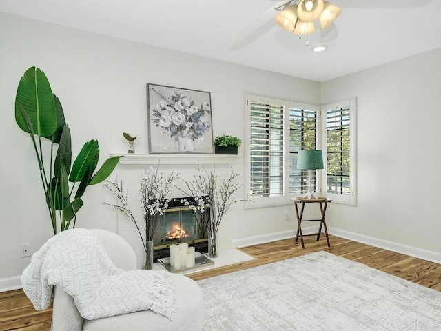 living area with a premium fireplace, hardwood / wood-style flooring, and ceiling fan