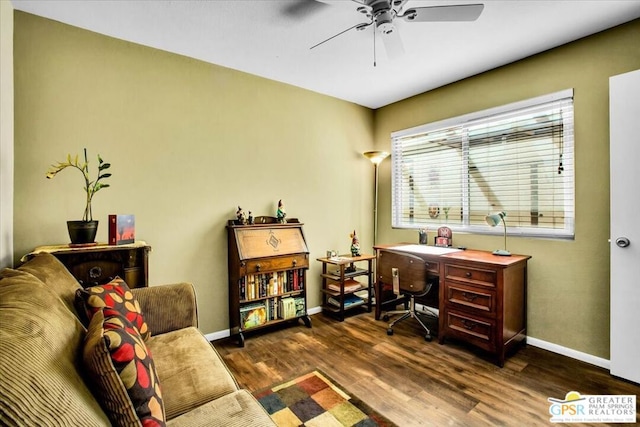 office space featuring ceiling fan and dark hardwood / wood-style floors