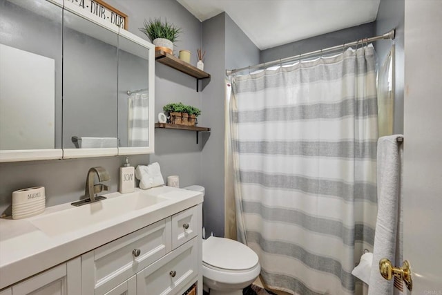 bathroom featuring vanity, walk in shower, and toilet