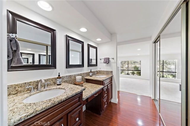 bathroom with hardwood / wood-style floors and vanity