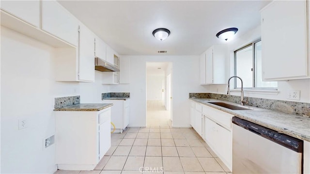 kitchen featuring sink, white cabinetry, light tile patterned floors, and dishwasher