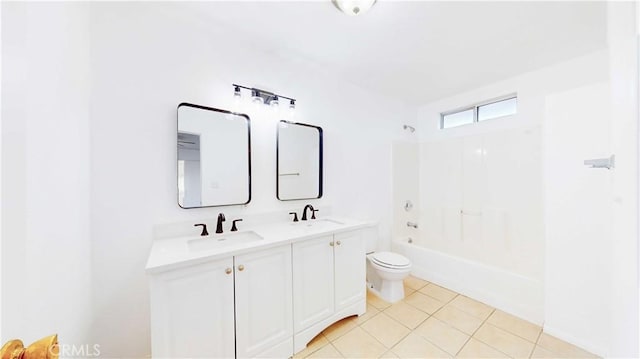 full bathroom featuring shower / bathing tub combination, vanity, toilet, and tile patterned flooring