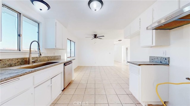 kitchen with ceiling fan, stainless steel dishwasher, sink, light tile patterned flooring, and white cabinetry