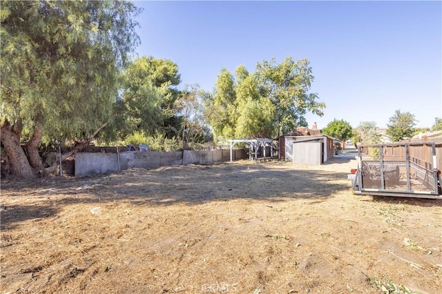 view of yard featuring a storage shed