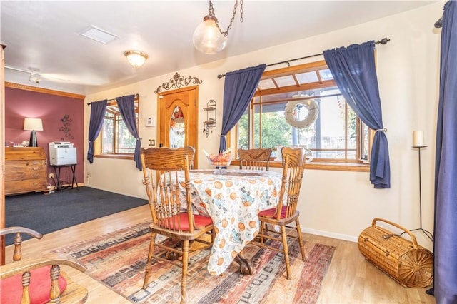 dining area with plenty of natural light and hardwood / wood-style flooring