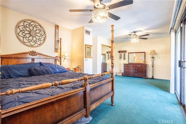 bedroom with carpet, a textured ceiling, and ceiling fan