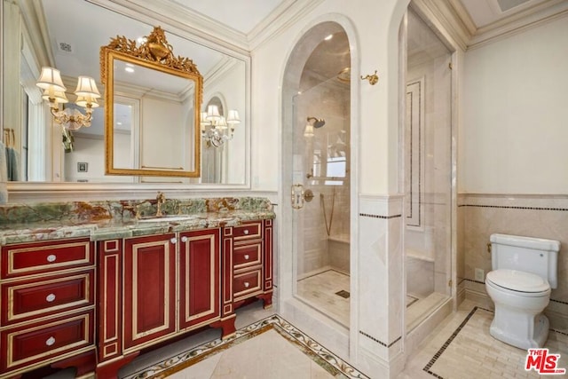 bathroom featuring toilet, crown molding, vanity, a chandelier, and walk in shower