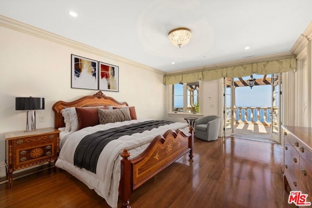 bedroom featuring access to outside, dark hardwood / wood-style flooring, and ornamental molding