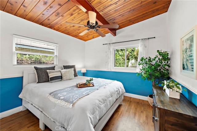 bedroom featuring ceiling fan, hardwood / wood-style floors, lofted ceiling, and wood ceiling