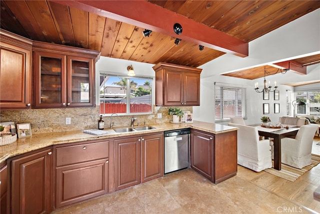 kitchen with a notable chandelier, stainless steel dishwasher, lofted ceiling with beams, sink, and plenty of natural light