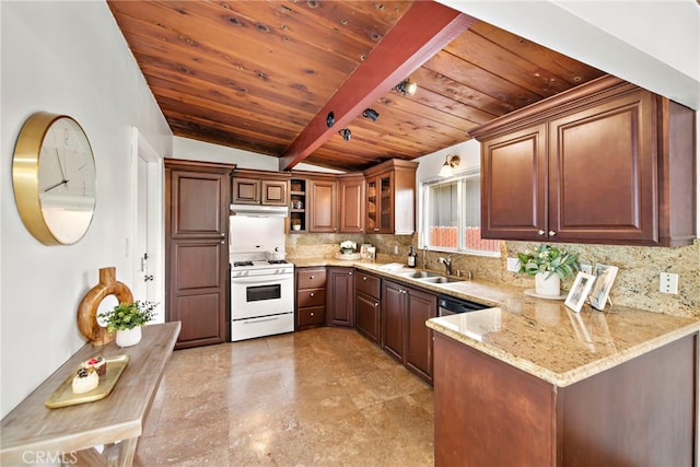 kitchen featuring backsplash, kitchen peninsula, white stove, sink, and wood ceiling