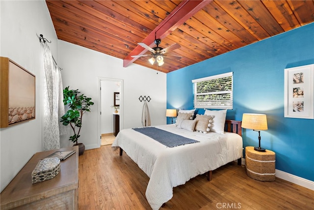 bedroom featuring ceiling fan, hardwood / wood-style floors, lofted ceiling with beams, connected bathroom, and wooden ceiling