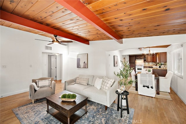 living room featuring light hardwood / wood-style floors, wooden ceiling, ceiling fan with notable chandelier, and vaulted ceiling with beams