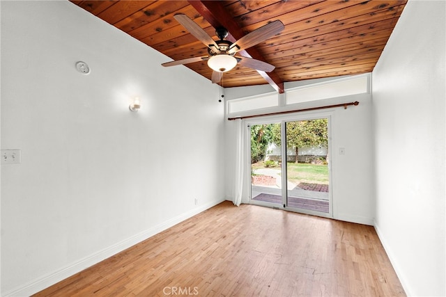 spare room with ceiling fan, wood ceiling, light hardwood / wood-style flooring, and vaulted ceiling with beams