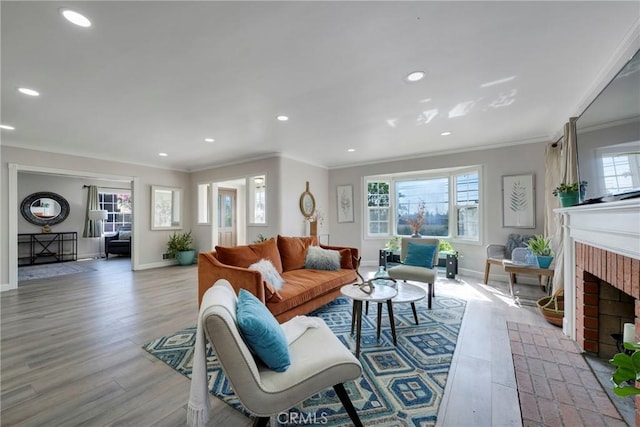 living room featuring a fireplace, light hardwood / wood-style flooring, and crown molding