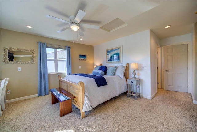 carpeted bedroom with ceiling fan