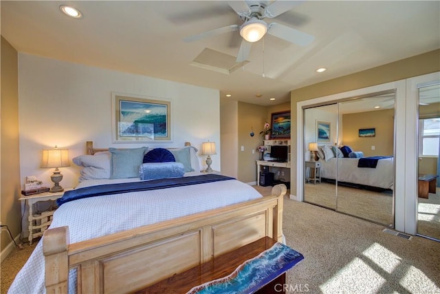 carpeted bedroom featuring ceiling fan