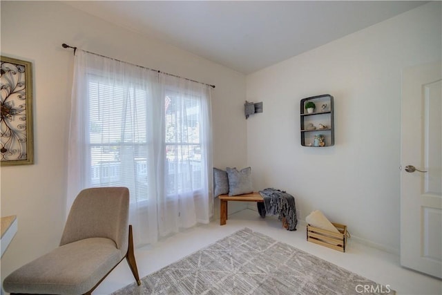 living area featuring light colored carpet