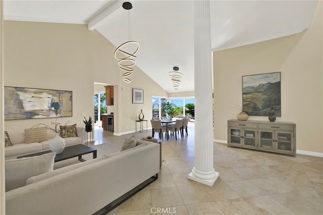 living area featuring decorative columns, baseboards, tile patterned floors, high vaulted ceiling, and beam ceiling