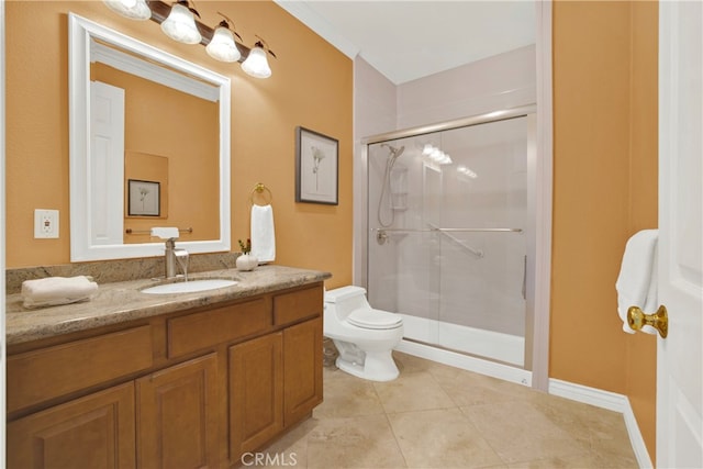 full bathroom with toilet, tile patterned floors, a shower stall, and vanity